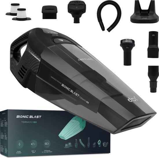 JAP Appliances Tornado S3C - Aspirateur à main sans fil (150W) avec système de charge - 5 Accessoires et 2 filtres HEPA - Aspirateur à main humide et sec - Aspirateur à main sans fil - Aspirateur pour voiture
