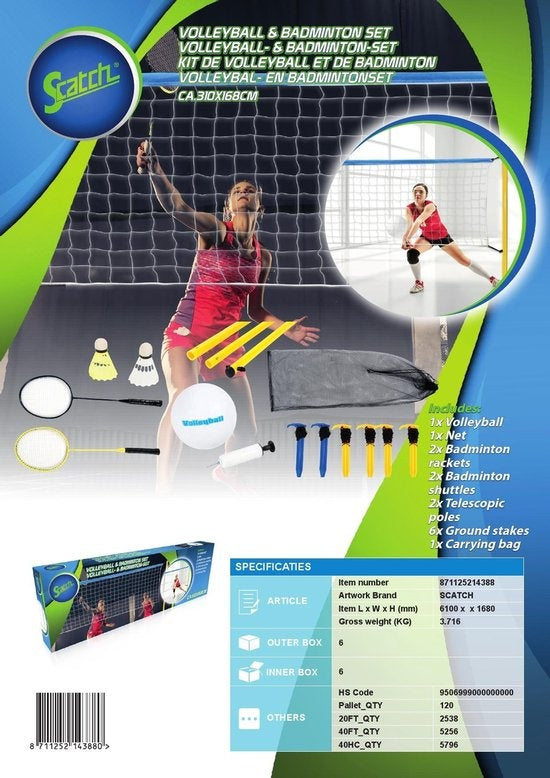 Set de volley-ball et de badminton Scatch - avec filet, raquettes, volants et ballon - sac de transport - 310 x 168 cm