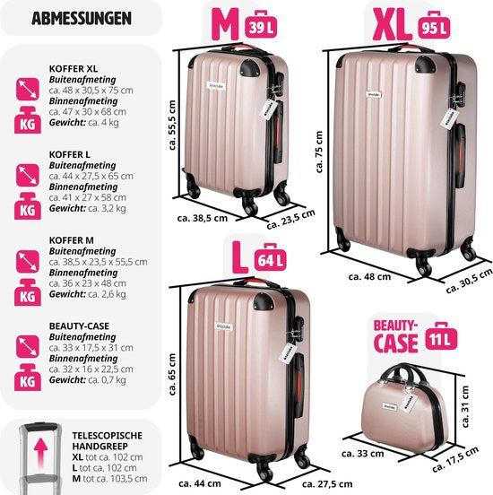 tectake® - Coffret de voyage 4 pièces comprenant valise trolley et pèse-bagages, roues 360°, valise rigide avec serrure à combinaison, grande valise, empilable, valise à main trolley - rosegold