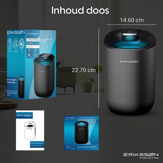 Déshumidificateur Dry Pro d'Erikssøn - Déshumidifie jusqu'à 0,6 litre par jour - Convient pour la chambre à coucher, la salle de bain, le salon et le sous-sol - Déshumidificateur