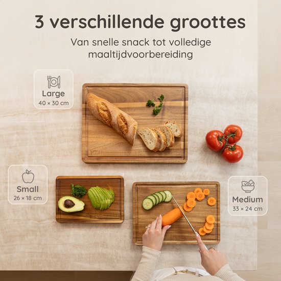 Deleca 3-Piece Cutting Board Set Seville with Holder - Planches à découper (40x30 | 33x24 | 26x18 cm) - Pour la cuisine, planche à servir, planche à fromage, planche à boire, planche à découper et planche à tapas - Bois d'acacia FSC