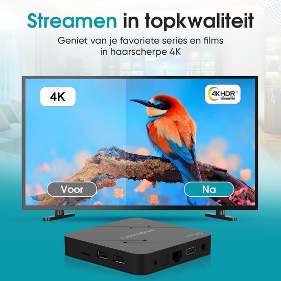 Tibagoods Mediaplayer - Android TV Box 4K HDR - Convient au streaming chromecast - Mediabox - TV Dongel - Boîte de streaming avec wifi - Créez votre SMART TV - Convient à tous les types d'applications de streaming