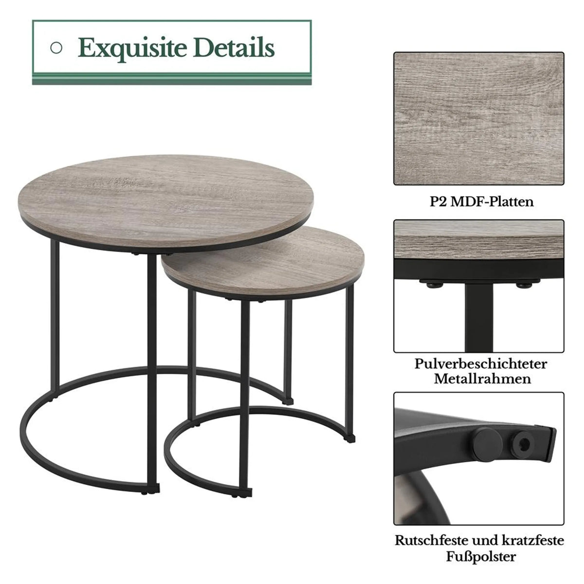 Lot de 2 tables d'appoint rondes Yaheetech – Dotées d'un système emboîtable, d'un plateau hydrofuge et d'un piètement en métal – Pour le salon et la chambre – MDF gris – 60 x 60 x 50,5 cm