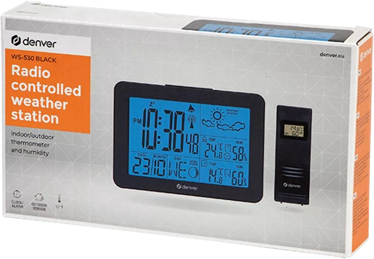 Denver WS-530 Black - Station météo avec fonction alarme - Intérieur et extérieur - Humidimètre - Indicateur de fenêtres ouvertes - Noir