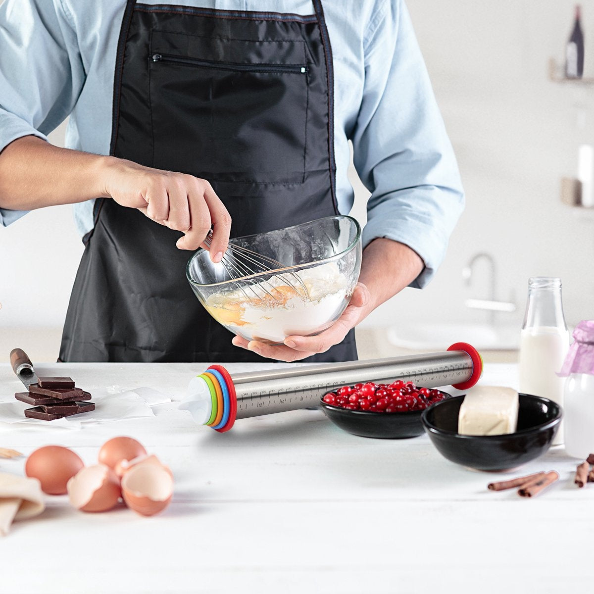 Nimma® Rouleau à pâte - Réglable - Avec tapis de cuisson XL 60 x 40 cm - Antiadhésif - Tapis à pâte - acier inoxydable