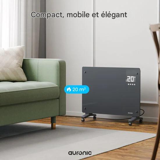 Auronic Radiateur électrique - Radiateur à convection avec thermostat et télécommande - Radiateur à panneau en verre - 1 500 W - Gris