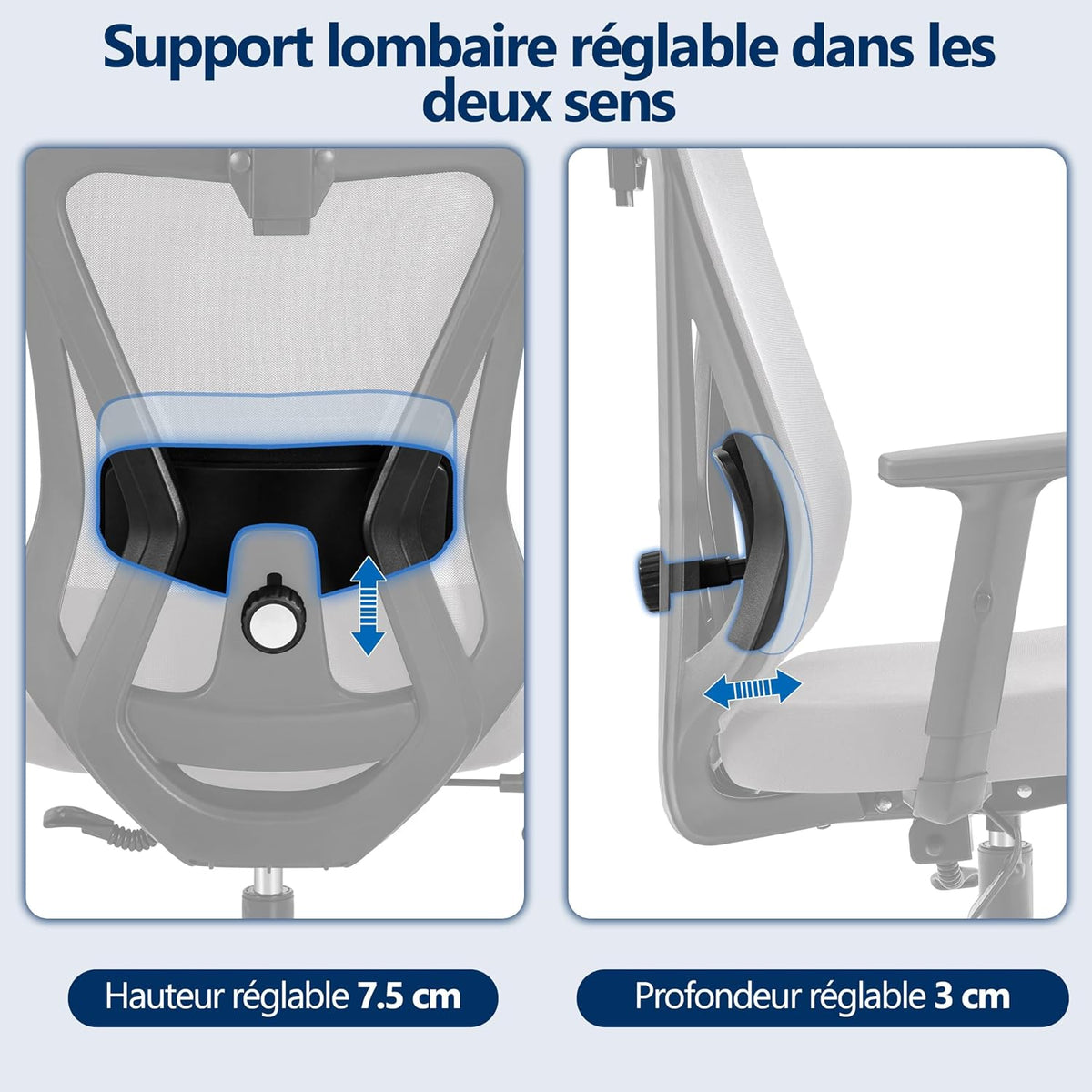 Chaise de bureau ergonomique Yaheetech avec soutien lombaire et appui-tête réglables, 70 × 70 × 125 cm, gris clair