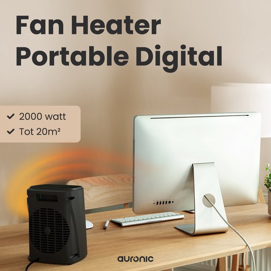 Auronic Fan Heater Digital - Chauffage céramique - Portable - 2000W - Noir
