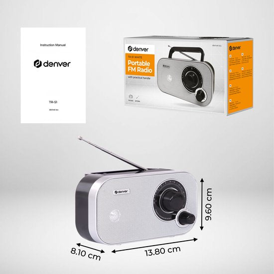 Denver FM Radio Retro - Fonctionne sur batterie ou sur secteur - Radio de cuisine - Radio portable - TR51 - Blanc