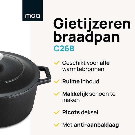 MOA Casserole - Fonte - Capacité 5,7 litres - 26CM - Ronde - Toutes sources de chaleur - Egalement pour induction - Poids 5,8 kg - Noire - C26B