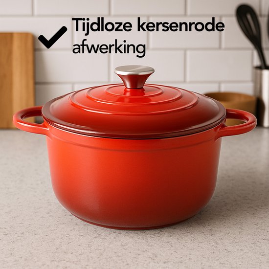 Casserole en fonte Aviro - Ø26CM - 5L - Toutes sources de chaleur y compris induction - Ragoût - Sans PFAS - Avec couvercle - Rouge