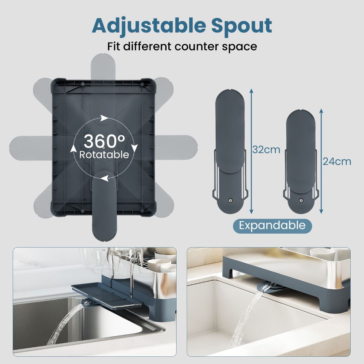 Égouttoir Coast à deux niveaux - Bec verseur pivotant à 360° - Acier inoxydable - 57,15 x 31,75 x 39,37 cm - Argent/Gris