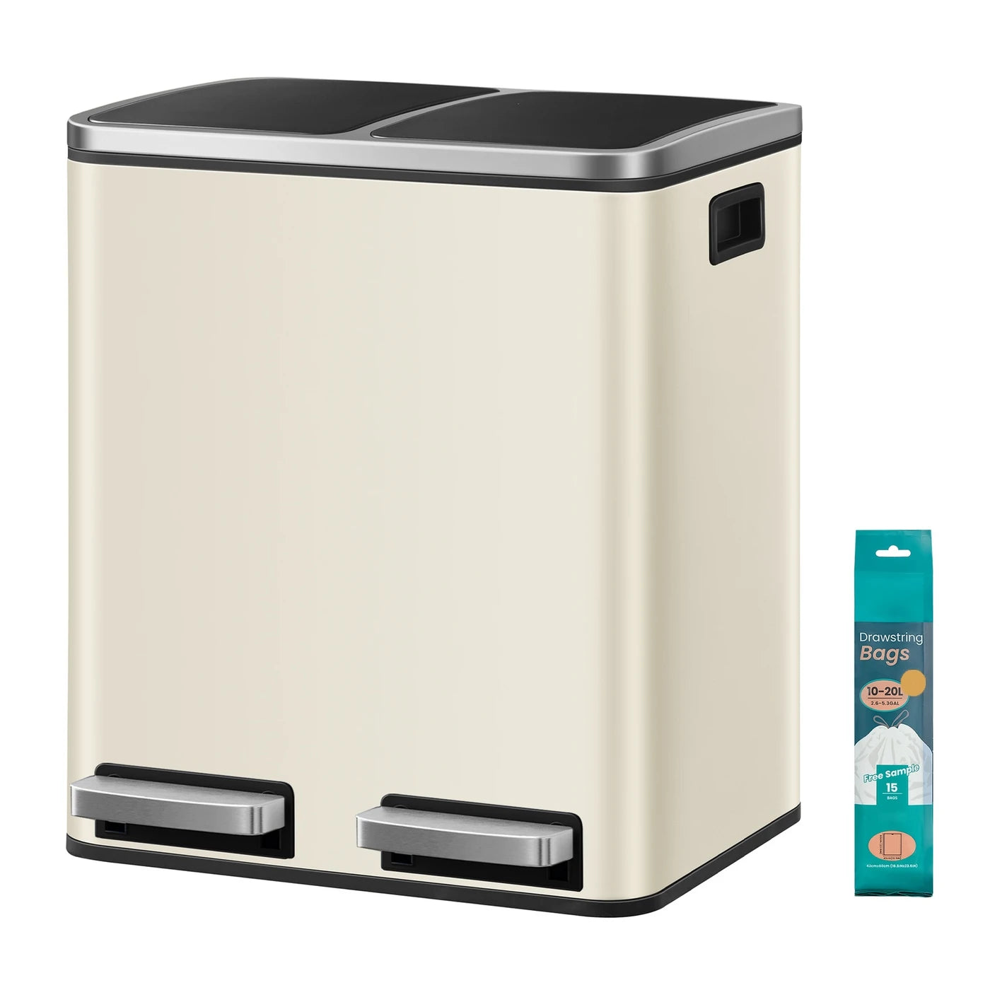Poubelle à double pédale Joyfurnos - Beige et noir - 2 x 15 litres - Couvercle à fermeture douce - Acier - 41,8 x 35,9 x 44,5 cm