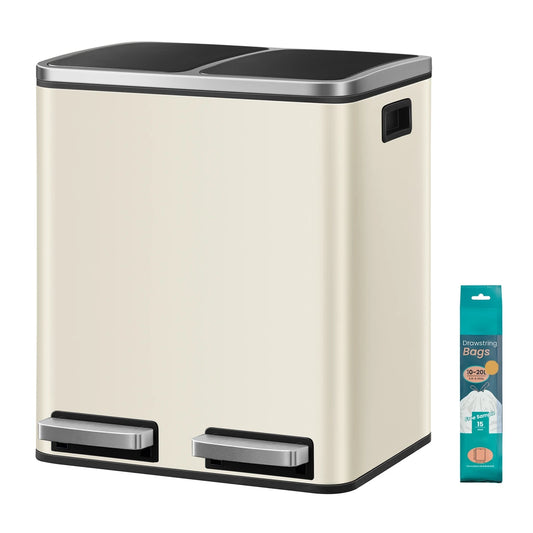 Poubelle à double pédale Joyfurnos - Beige et noir - 2 x 15 litres - Couvercle à fermeture douce - Acier - 41,8 x 35,9 x 44,5 cm