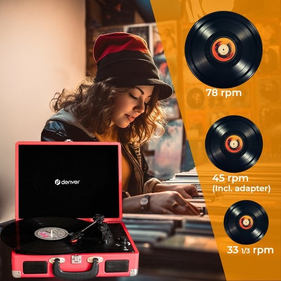 Denver Record Player - Haut-parleurs intégrés - Logiciel PC inclus - Auto-stop - Rétro - VPL120 - Rouge