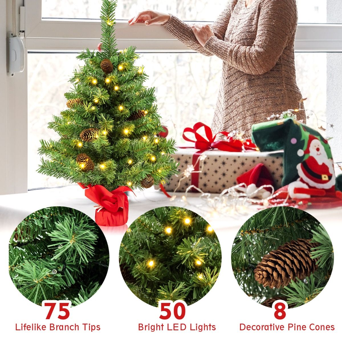 Coast Artificial Christmas Tree with Led Lights and Pine Cones - Sapin de Noël de table avec socle en ciment - Vert - 64 cm