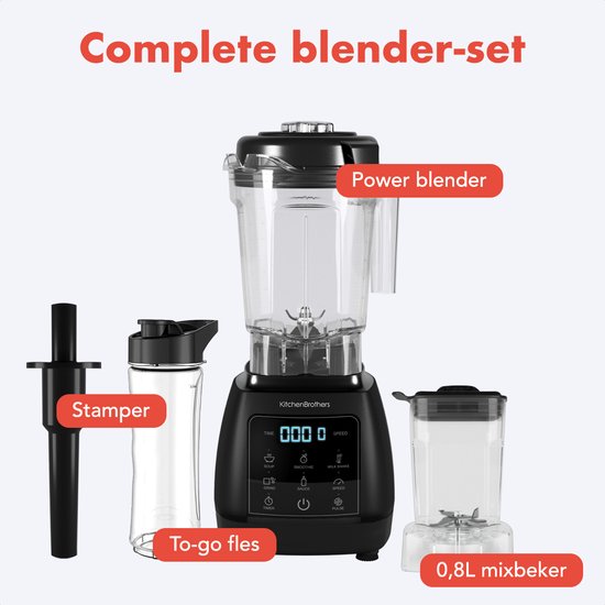 KitchenBrothers 2-in-1 Power Blender - 1600W - 2L - Ensemble complet avec hachoir et gobelet - Smoothie Maker - Ice Crusher - Noir