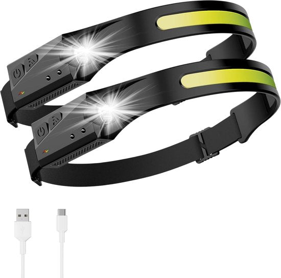 Lampe frontale LED rechargeable - 2 Pack - 6 positions - Réglable - 150 mètres - Lampe frontale pour le camping - Style militaire - Etanche - Proskill