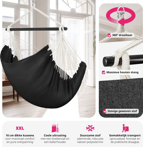 tectake® - Fauteuil suspendu Malika - coussins d'assise et de dossier extra épais, avec sac de transport et compartiment à livres - noir