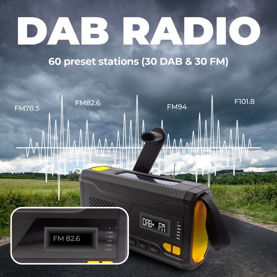 Denver Radio d'urgence - Banque d'énergie solaire - Radio DAB & FM - Kit d'urgence - Lampe de poche - Wind-up - SOS Light - Banque d'énergie solaire - SCD2033