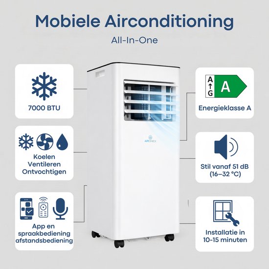 Climatiseur mobile Aironex 7000 BTU – Application et télécommande – Silencieux et compact – Climatiseur mobile avec joint de fenêtre – Climatiseur mobile pour chambre, salon, bureau