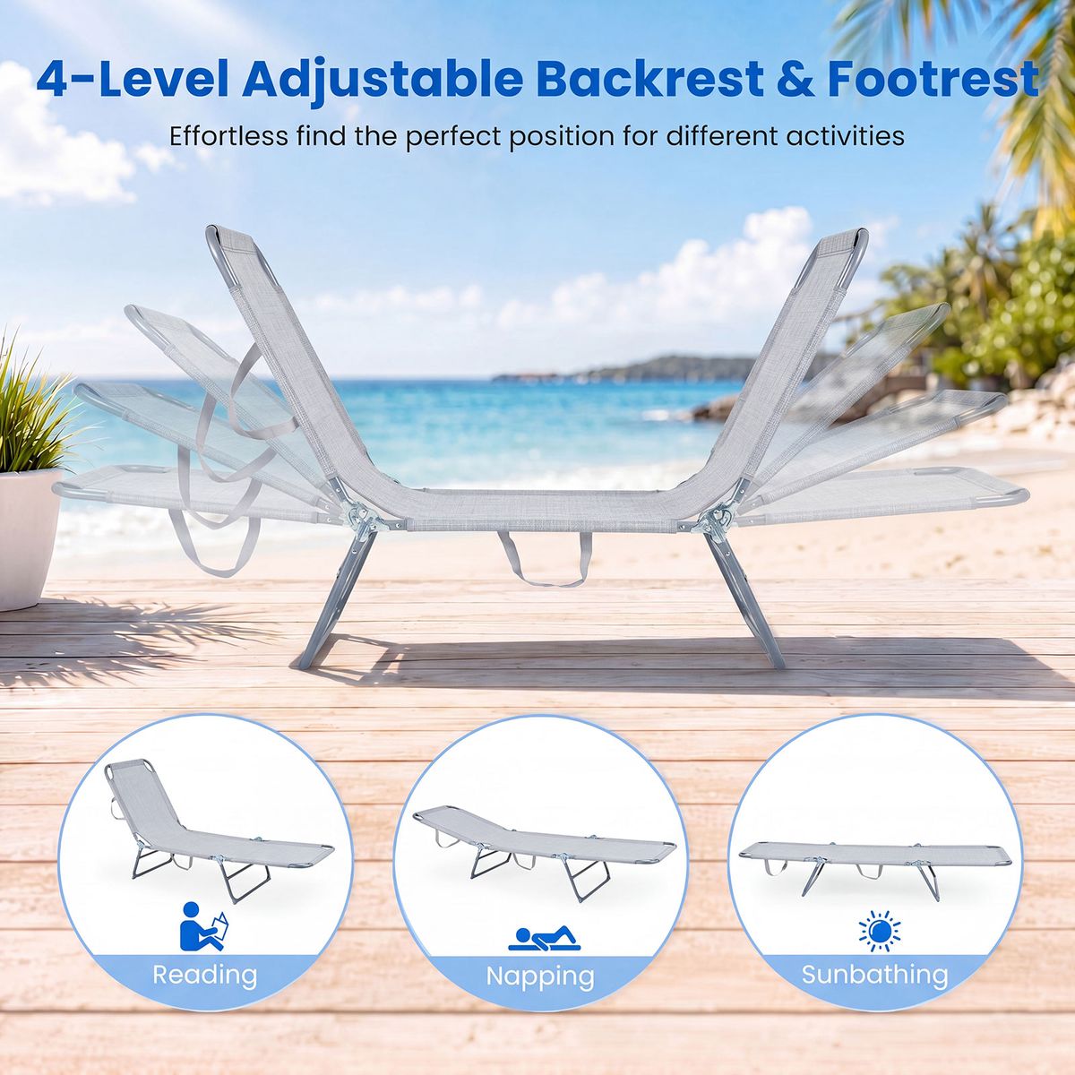 Chaise longue pliable Coast - Dossier et repose-pieds réglables sur 4 positions - Gris - 1 pièce