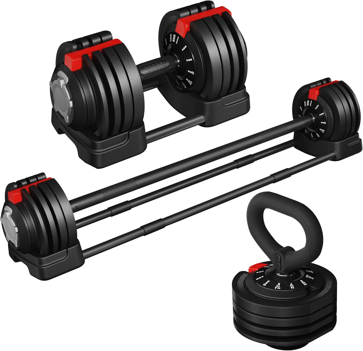 Ensemble d'haltères réglables Yaheetech - 18/24/40 kg - 3-en-1 - 12 positions de poids - Haltère court, kettlebell et haltère long