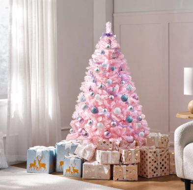 Sapin de Noël artificiel Yaheetech 154 cm - Rose - 398 branches - Pied pliable