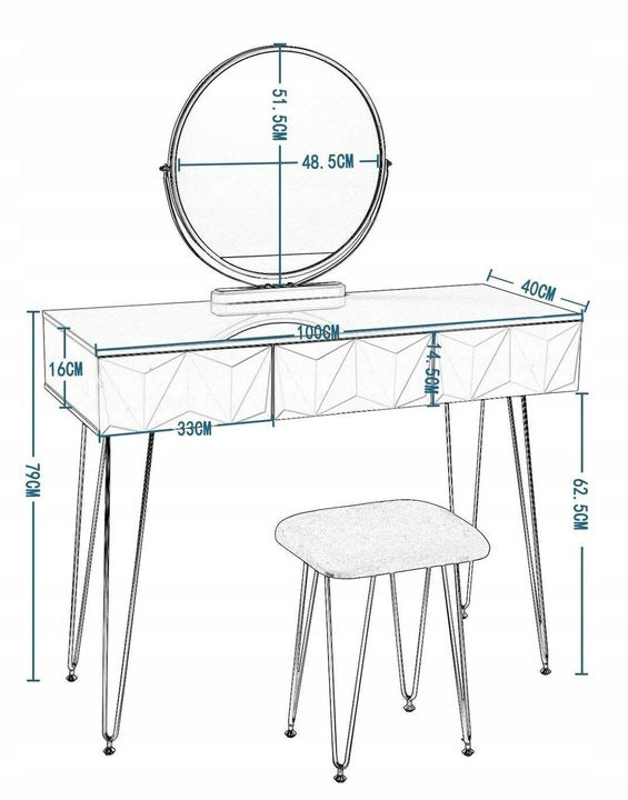 Kochamy Meble Coiffeuse avec miroir 3D et tabouret - Blanc - 106 x 79 x 40 cm