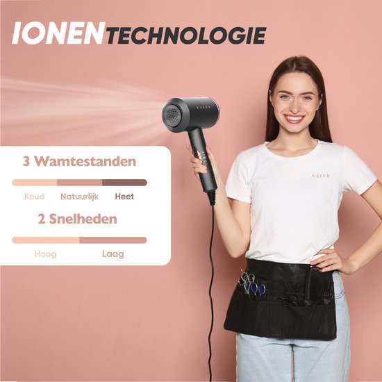 VAIVE Sèche-cheveux ionique avec diffuseur - Sèche-cheveux 2000 Watts - Sèche-cheveux avec Coolshot - 3 réglages