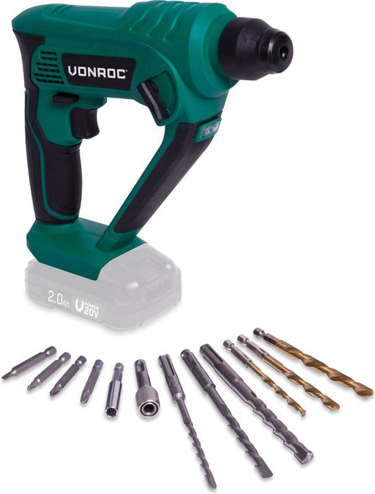 VONROC Marteau perforateur sans fil - VPower 20V - Sans batterie ni chargeur - 1.3 Joule - SDS-plus - Accessoires inclus