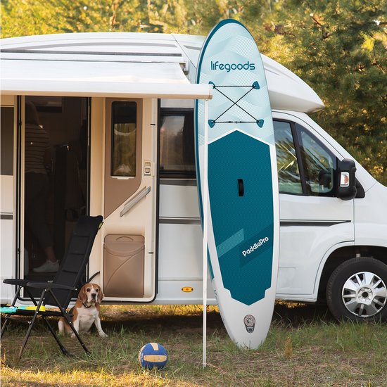 LifeGoods SUP Board All-round Compact - Capacité de charge 100 KG - 300 x 76 cm - Gonflable - Ensemble complet de SUP - Blanc/Aqua profond