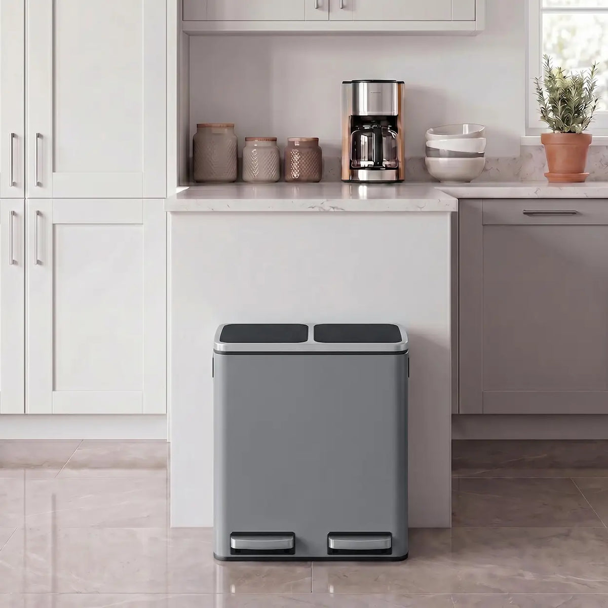Poubelle JOYFURNOS 16 L - 41,8 × 35,9 × 44,5 cm - Gris - Double compartiment avec fermeture amortie