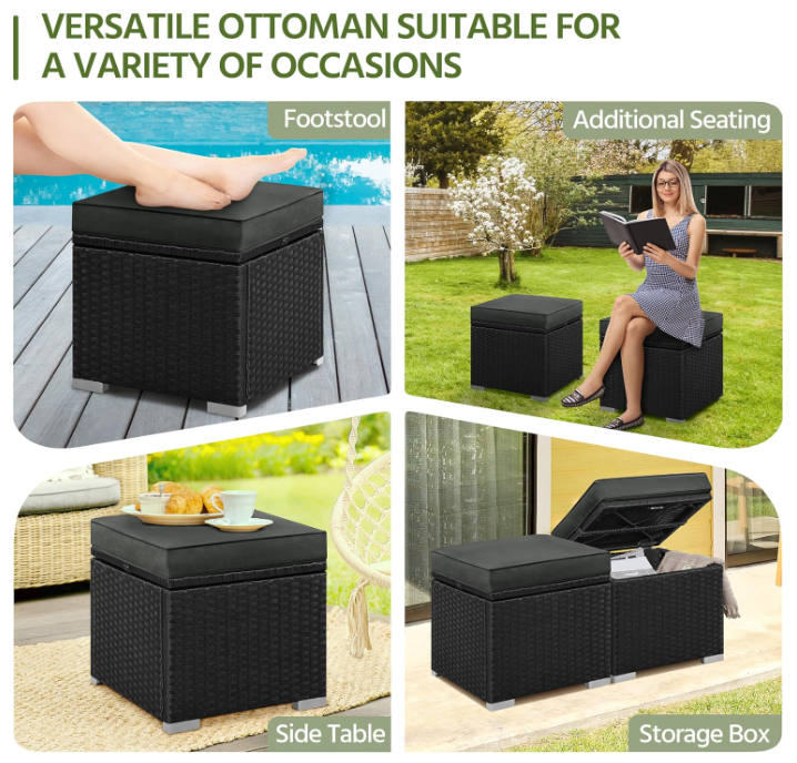 Lot de 2 poufs en rotin Yaheetech, noir/gris, 39,4 x 39,4 x 40,6 cm
