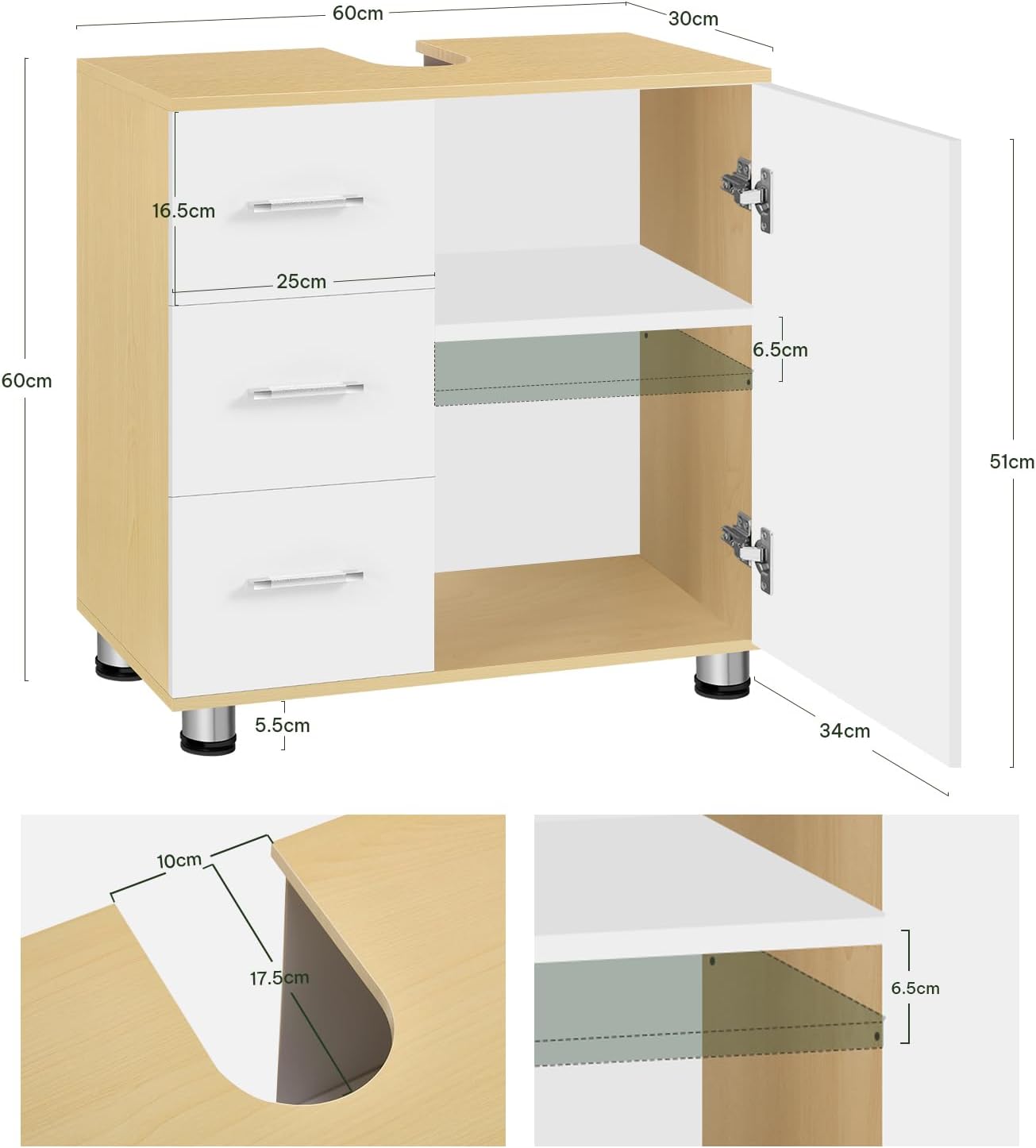 Meuble de salle de bains Eugad blanc/chêne clair - 60 x 60 x 30 cm - 3 tiroirs - Étagère réglable
