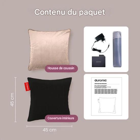 Auronic Coussin chauffant - Velours - 45x45 - rechargeable sans fil - oreiller électrique - infrarouge - rose