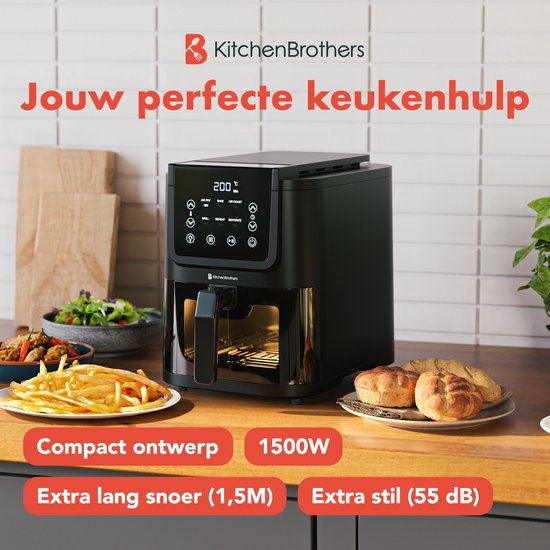 KitchenBrothers Airfryer XL - 5L - 1500W - Friteuse à air chaud - 60ºC à 200ºC - Petit design - Extra silencieux - 6 Programmes de cuisson - Noir