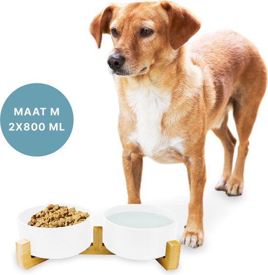 Gamelle chien - abreuvoir - avec support en bambou - 2x 800 ml - taille M - blanc mat