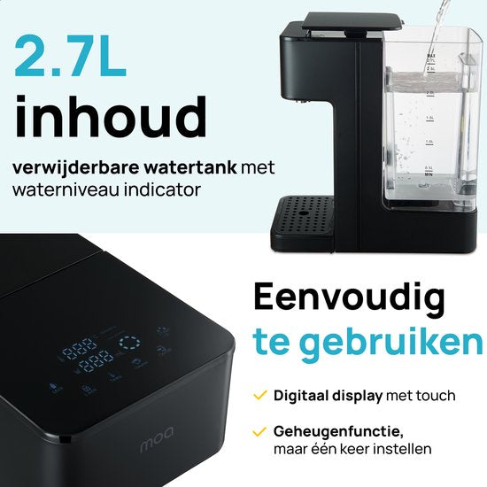 MOA Distributeur d'eau chaude 2.7L avec contrôle de la température - Bouilloire instantanée - 45-100°C - Robinet d'eau chaude - Fonction lait - Sans BPA - Acier inoxydable - Noir