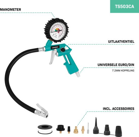 VONROC Air tool set - 4-piece - Tyre pump, air gun, paint sprayer and 5m spiral hose - Universal EURO/DIN 7.2mm coupling