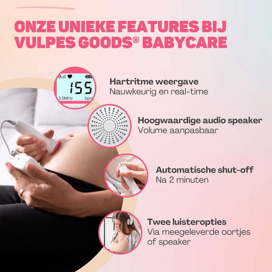 Vulpes Goods® BabyCare - Doppler Baby PRO - Baby Heart Monitor - Doppler fœtal - Doppler des battements cardiaques du bébé - Dispositif d'écho - Cadeau de grossesse - Rose - Gel d'échographie et bouchons d'oreille inclus