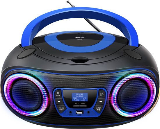 Denver Portable DAB Radio CD Player Kids - Bluetooth - Light Effects - Boombox - AUX - FM - TDB212BLUE