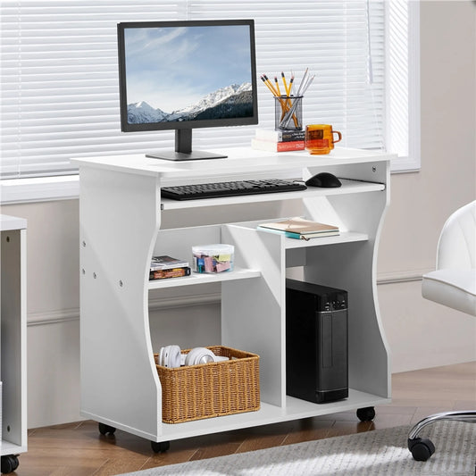 Yaheetech Bureau d'ordinateur sur roulettes - avec tiroir à clavier extensible et deux plateaux de rangement et fonction de freinage - pour bureau à domicile et chambre à coucher - Mdf blanc et métal - 80 x 48 x 76 cm