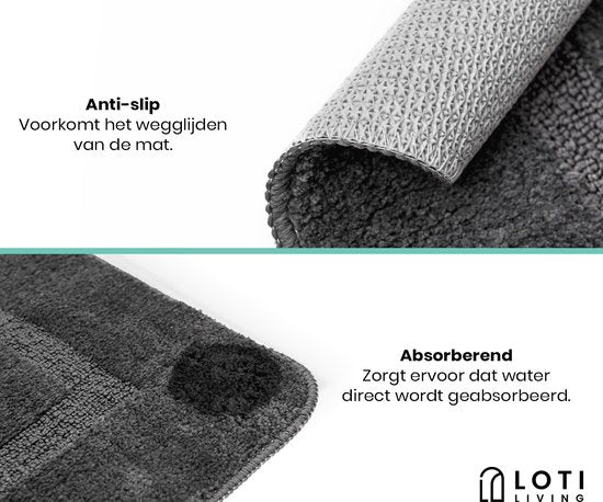 Loti Living Tapis de bain avec tapis de toilette antidérapant - Tapis de douche - Tapis de salle de bain - Tapis de sol - Tapis de bain avec tapis de toilette - Tapis de bain antidérapant - Gris - 50x80 cm + 50x40 cm
