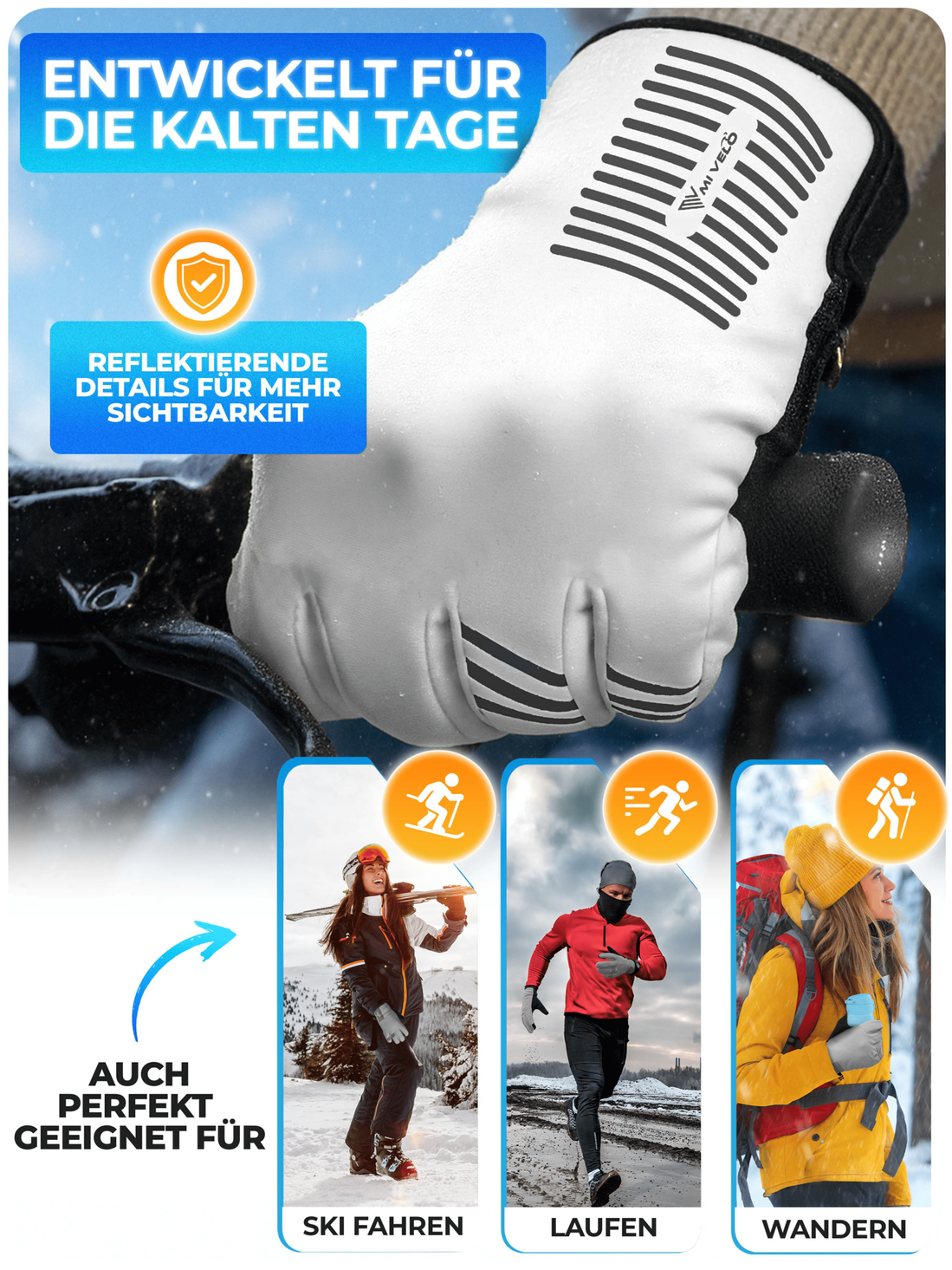 MiVelo Gants d'hiver - Thermo-Fleece & 3M - Coupe-vent, imperméable, écran tactile & antidérapant - Entièrement réfléchissant - Taille XL