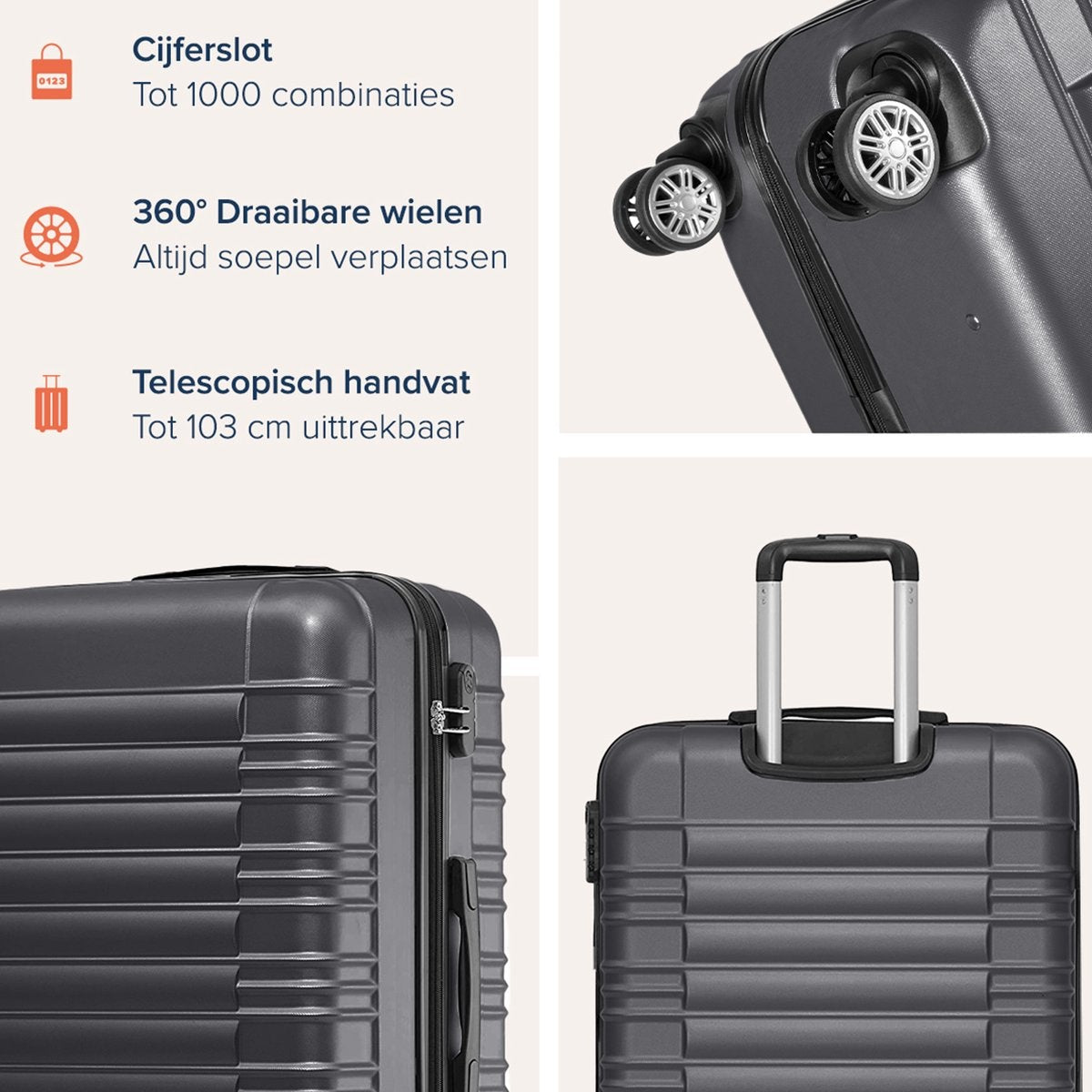 TRVLMORE Set de valises - 3 pièces - 38L (bagage à main) + 70L + 110L - Gris foncé