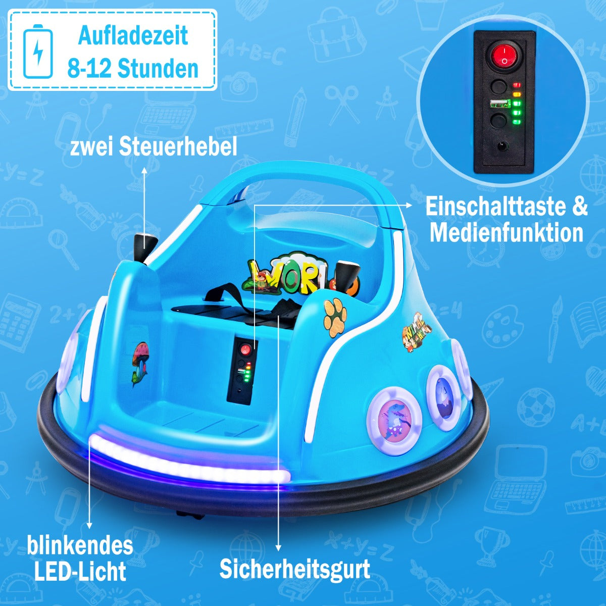 Coast Bumper Car - Rotation à 360 degrés - 12V - Musique et lumière incluses - 73x73x43cm - Bleu