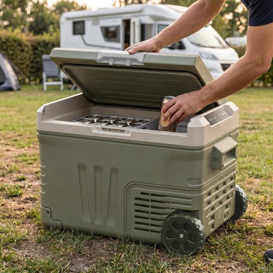 Auronic Electric Cool Box - Compresseur - 35L - 12V et 240 volts - Réfrigérateur de camping - Frigobox Car - Avec roues et poignée - Vert