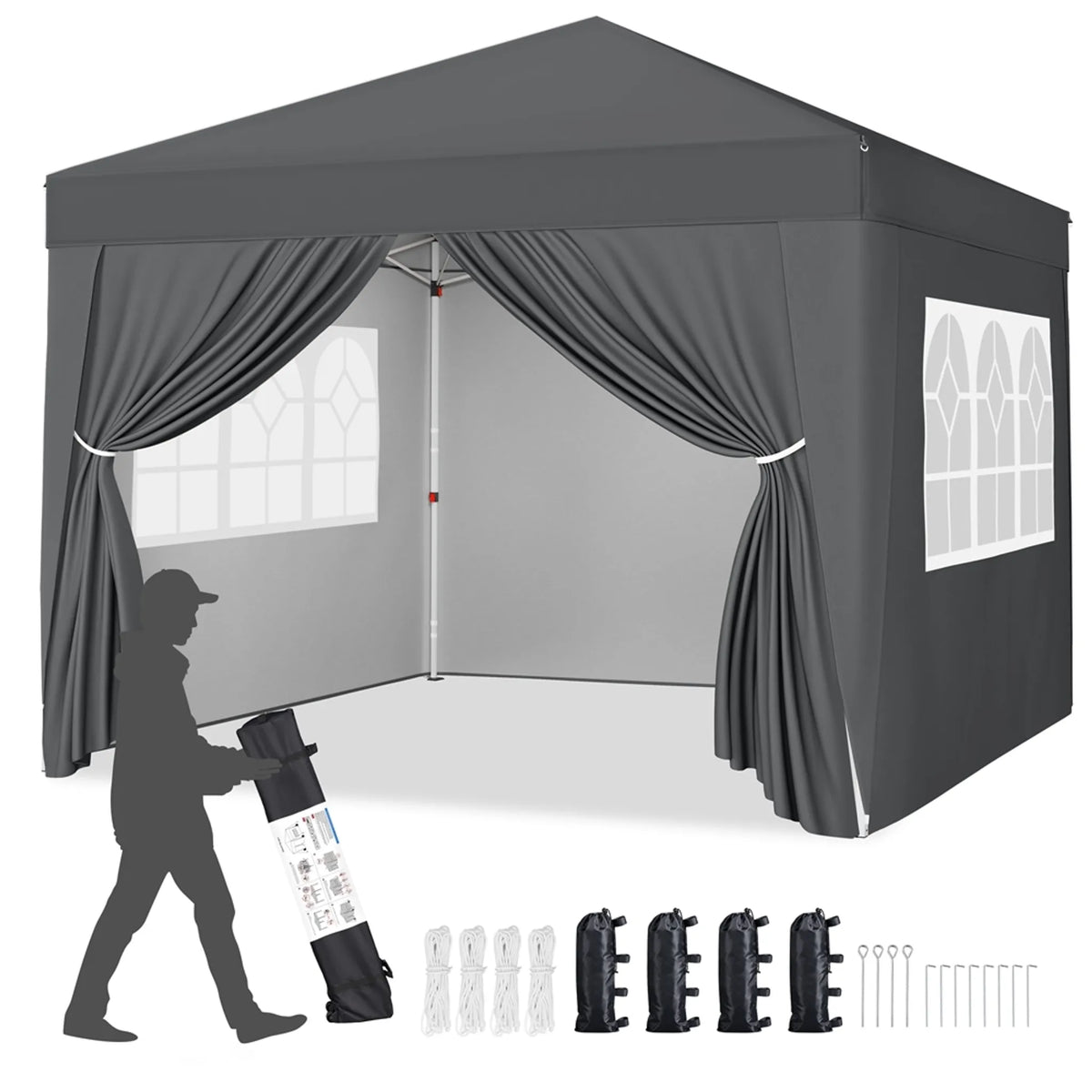 Pavillon pliable Yaheetech 3 x 3 m - Réglable de 267 à 287 cm - 4 parois latérales - Protection UV 50+ - Imperméable - Gris foncé