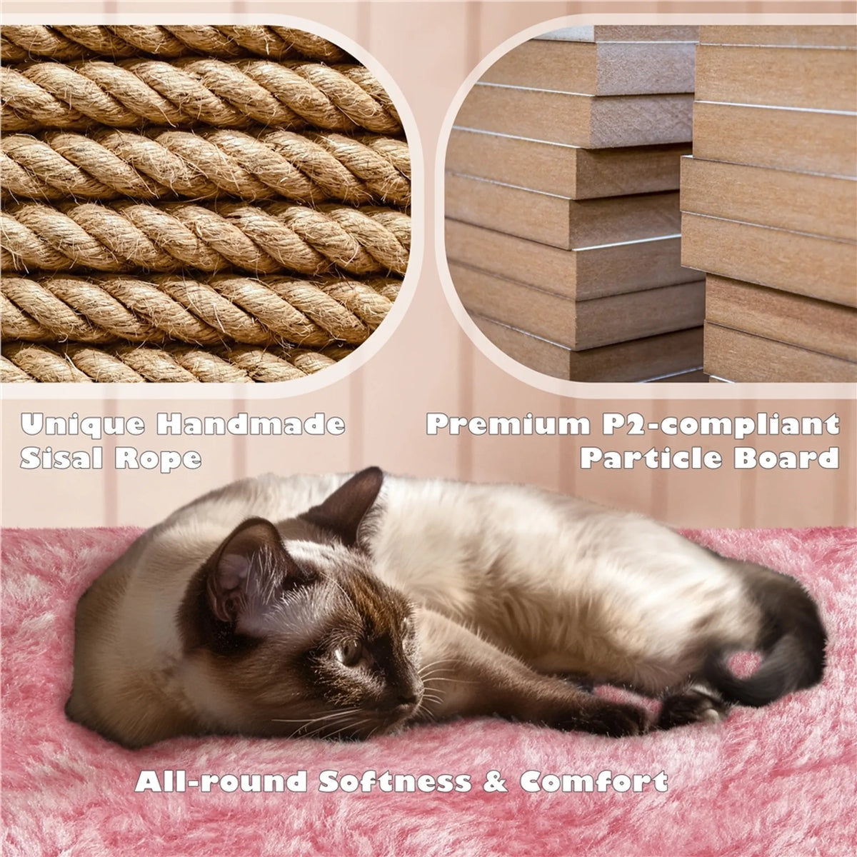Yaheetech Cat Post avec 3 plateformes d'observation - équipé de 2 paniers pour chats, de poteaux en sisal et d'une balle de jeu avec cloche - pour les foyers avec plusieurs chats - peluche rose et panneau de particules E1 - 49 x 49 x 139 cm